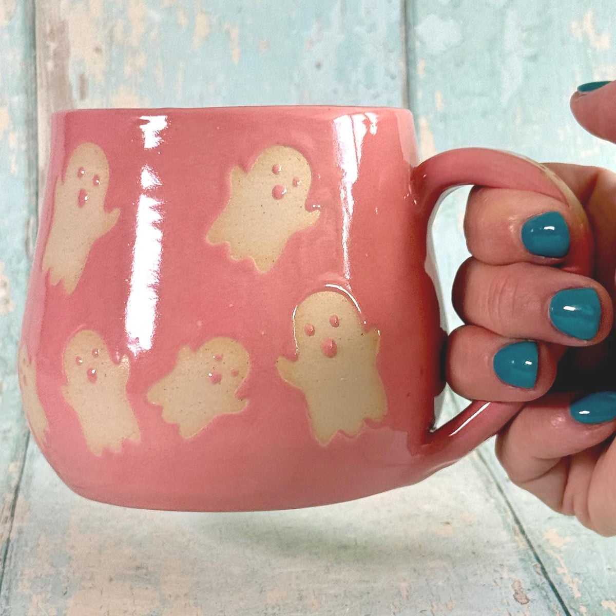 Pink Ghost Mug, Handmade Ceramic Cup, Spooky Halloween Mug
