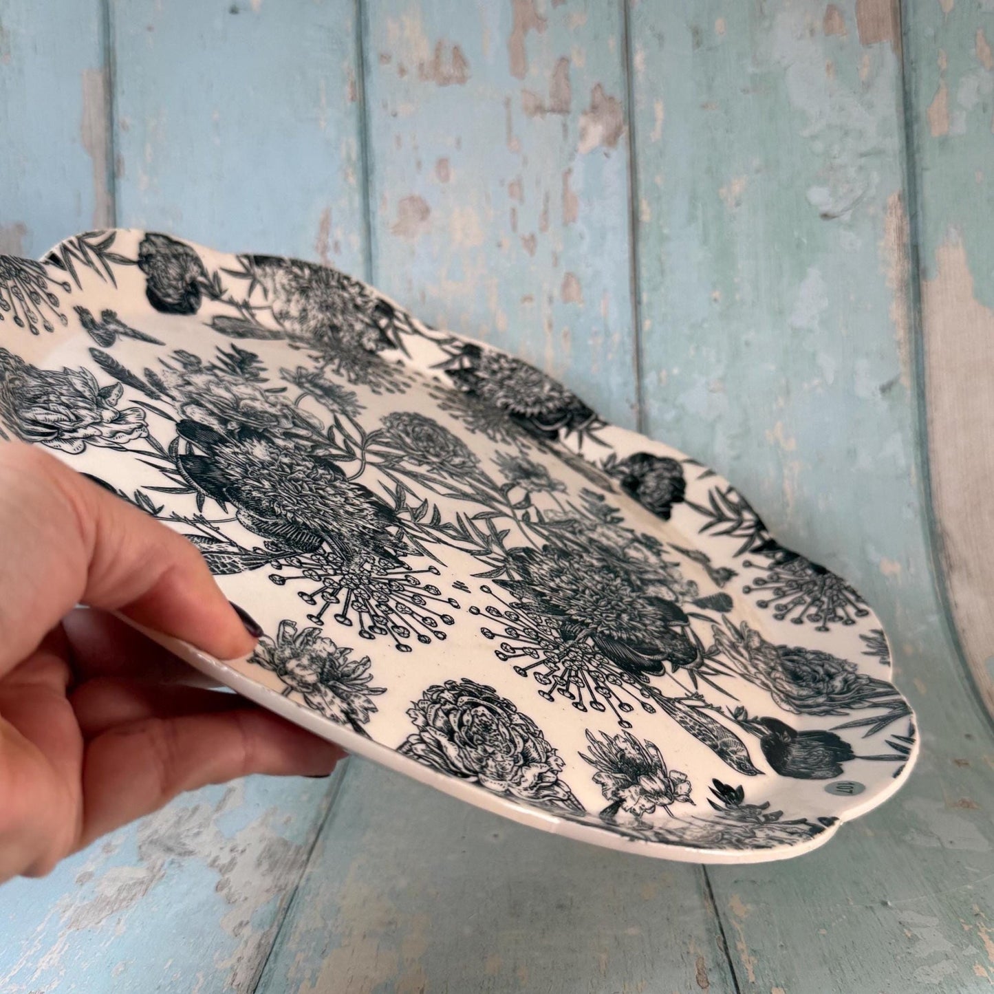 Large black and White Floral Platter - FJD Ceramics