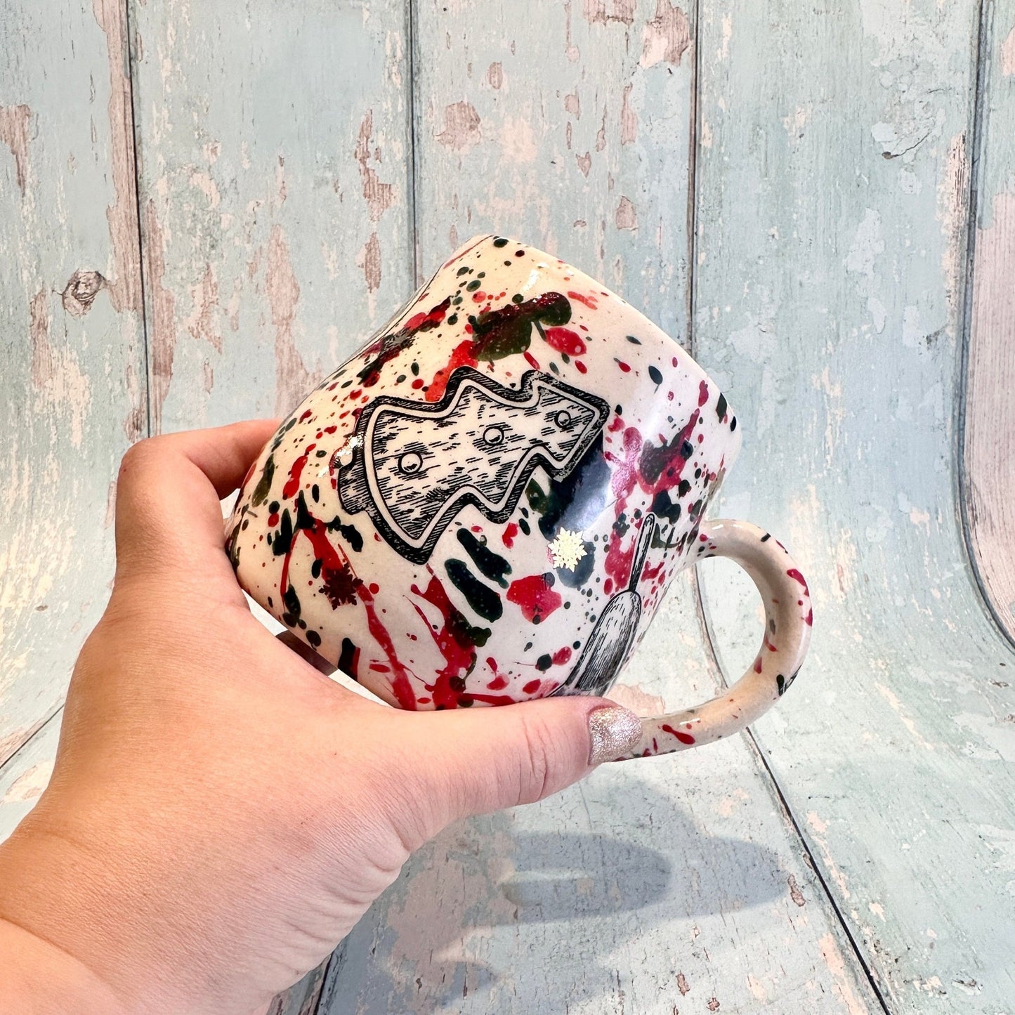 Large Christmas Mug, Handmade Ceramic Cup, Green Red Gold - FJD Ceramics