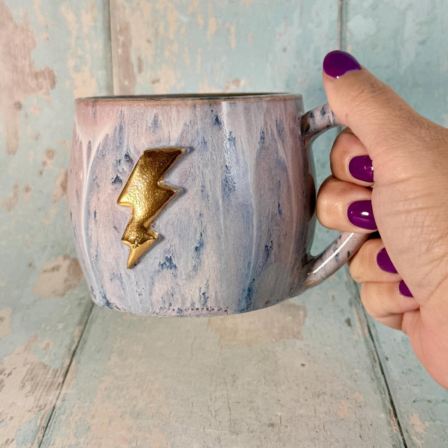 Lavender and Gold Lightning Bolt Mug, Handmade Ceramic Cup - FJD Ceramics