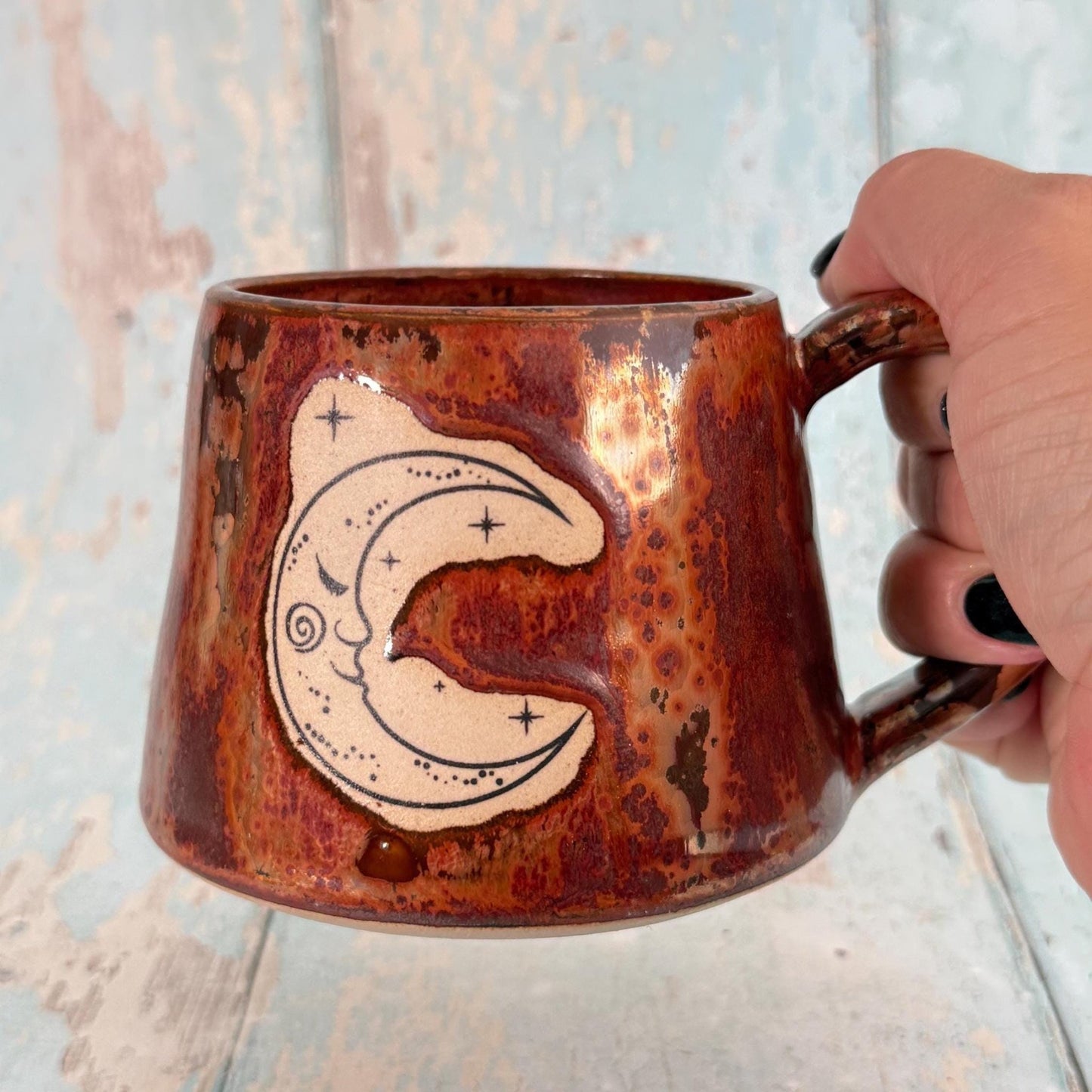 Mystical Sun and Moon Mug, Handmade Copper Ceramic Cup - FJD Ceramics
