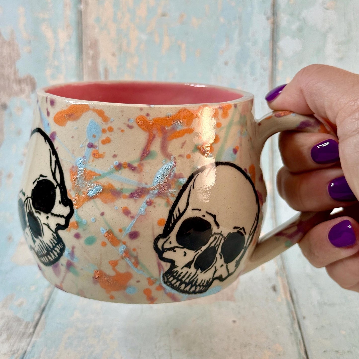 Pastel and Pink Skull Mug, Large Ceramic Cup - FJD Ceramics