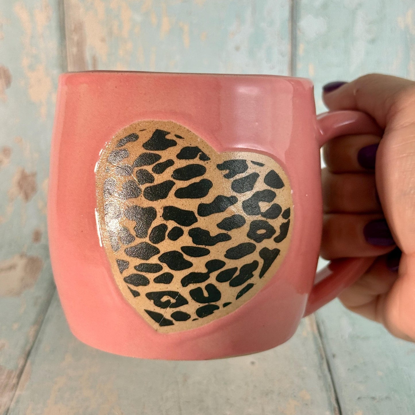 Pink and Black Leopard Skin, Heart MugHandmade Ceramic Cup - FJD Ceramics