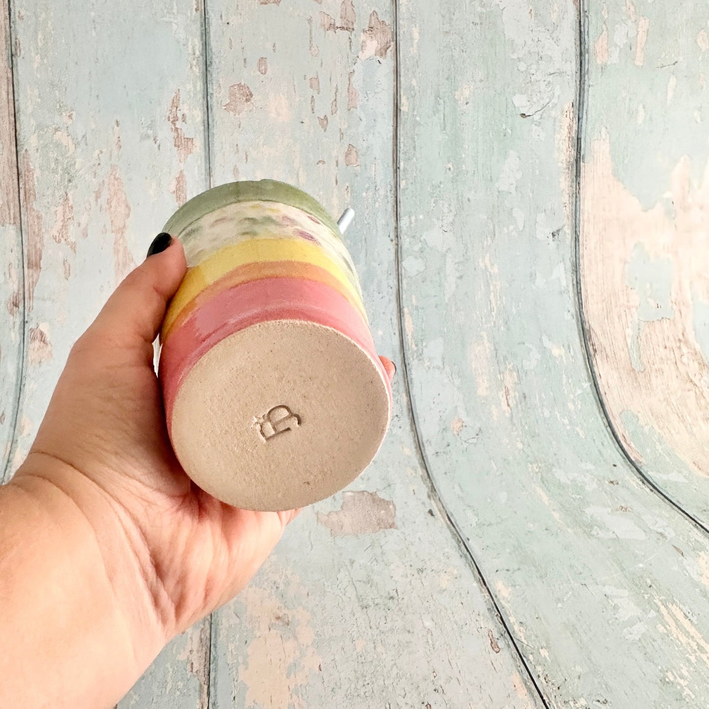 Pink and Yellow and Green Straw Holder Tumbler, Large Ceramic Cup - FJD Ceramics