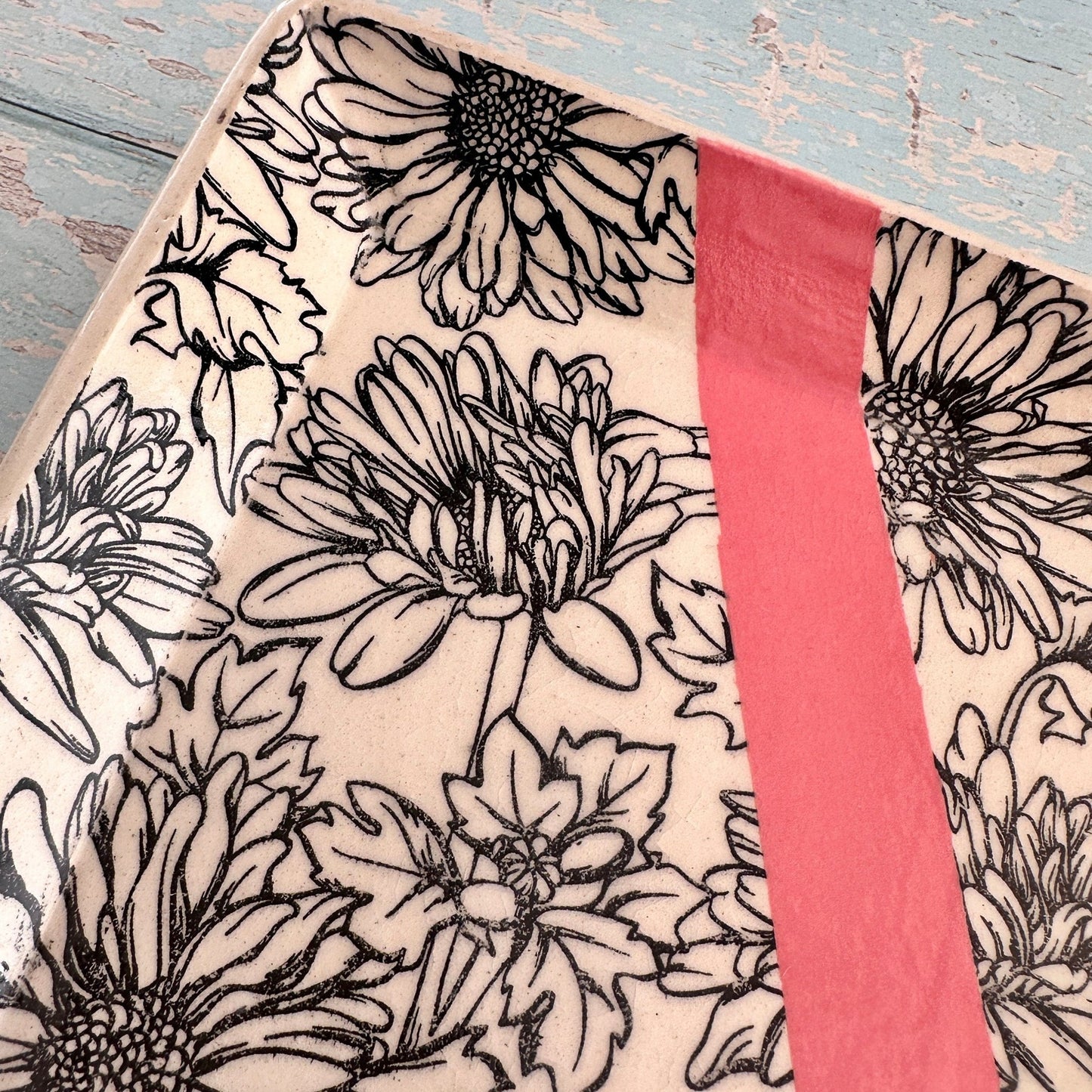 Pink Daisy Platter, Large Handmade Rectangle Ceramic Plate - FJD Ceramics