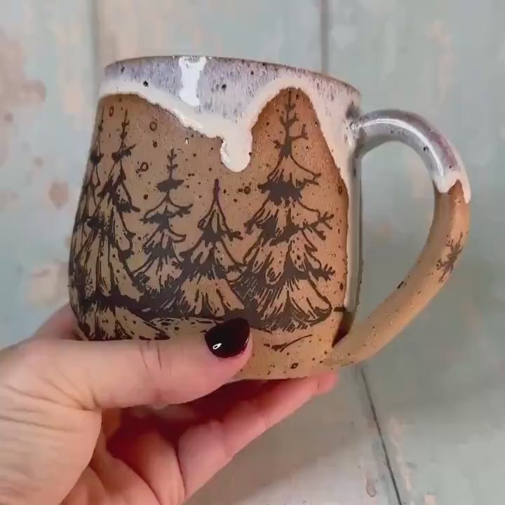 Black and White Christmas Tree Mug, Handmade Ceramic Cup