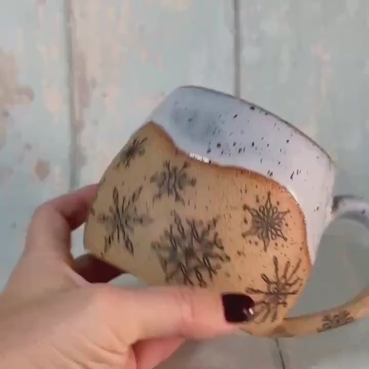 Black and Blue Christmas Snowflake Mug, Handmade Ceramic Cup