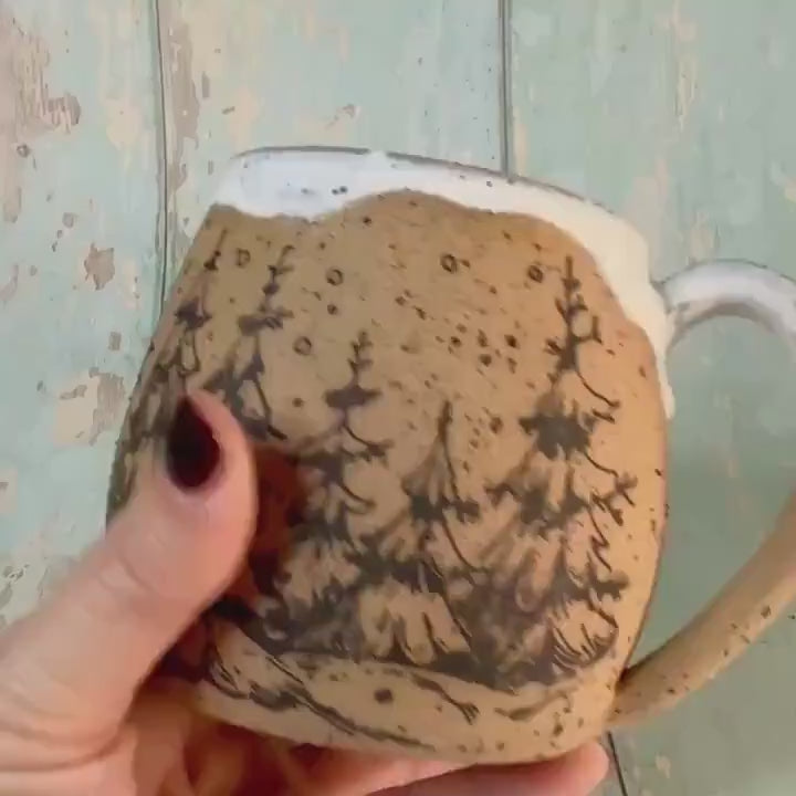 Black and White Christmas Tree Mug, Handmade Ceramic Cup