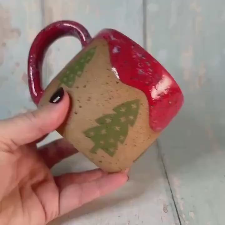 Red and Green Christmas Tree Mug, Handmade Ceramic Cup
