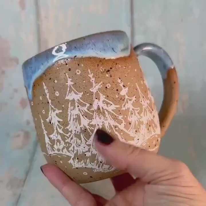 Blue and White Christmas Tree Mug, Handmade Ceramic Cup