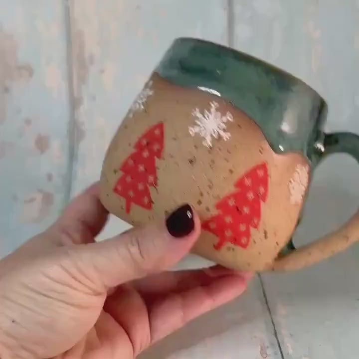 Red and Green Christmas Tree Mug, Handmade Ceramic Cup