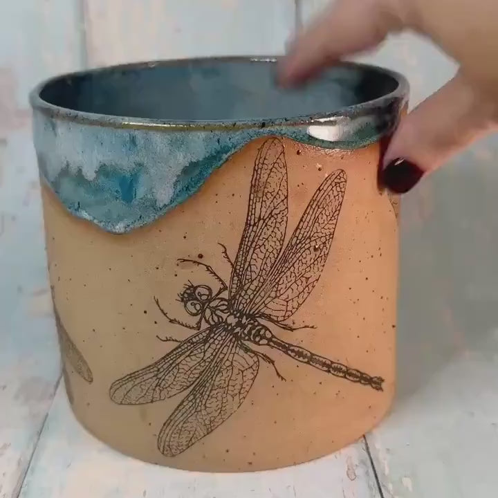Turquoise Dragonfly Planter, Ceramic Plant Pot