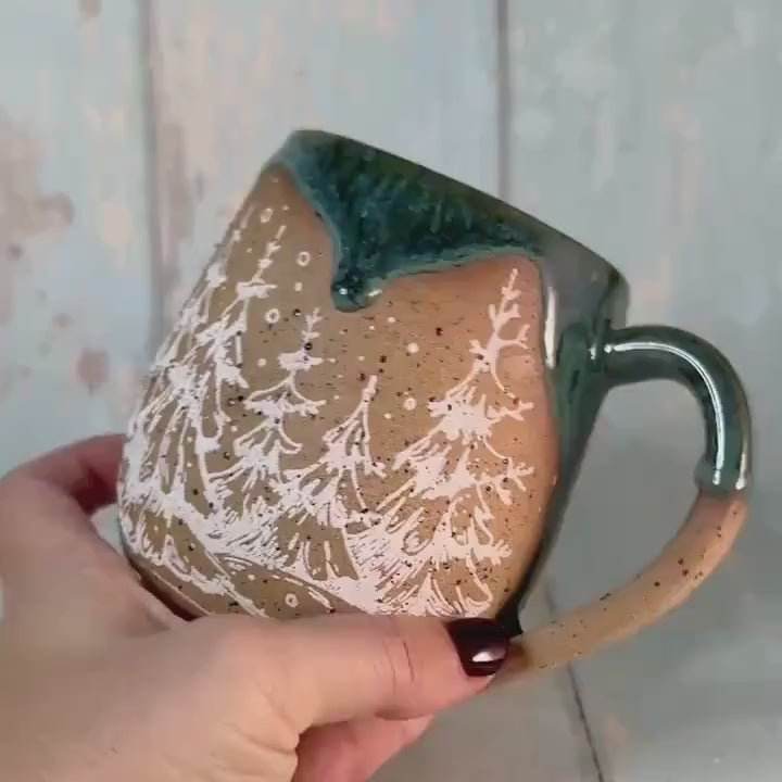 Green and White Christmas Tree Mug, Handmade Ceramic Cup