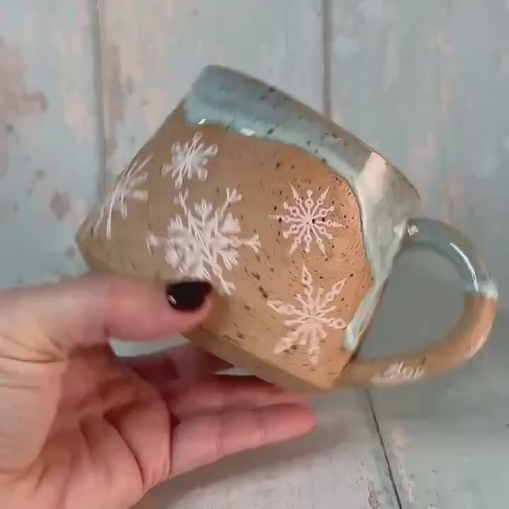 Green Christmas Snowflake Mug, Handmade Ceramic Cup