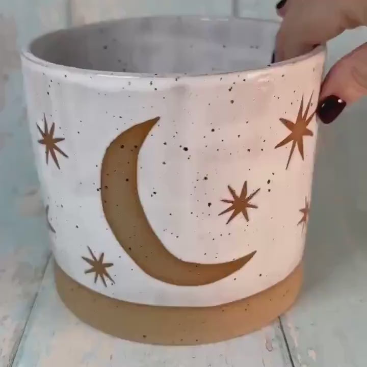White Moon and Star Planter, Ceramic Plant Pot