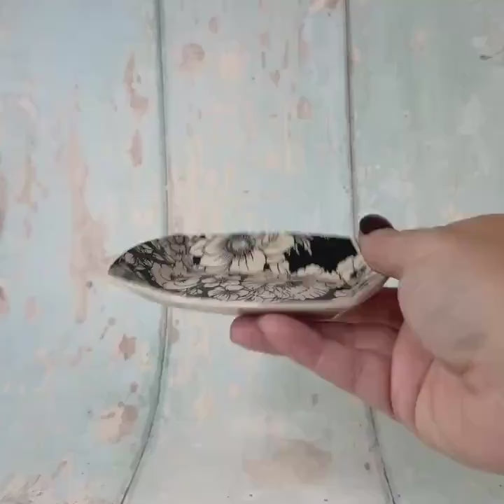Small Black & White Floral Ring Dish, Handmade Rectangle Ceramic Pot