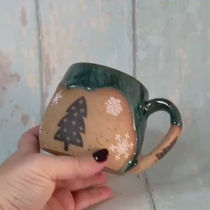 Black and Green Christmas Tree Mug, Handmade Ceramic Cup