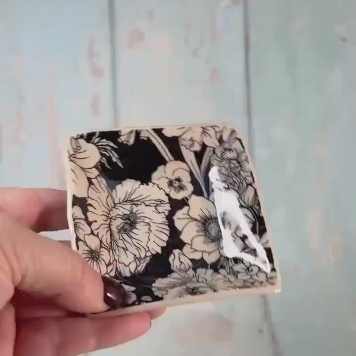 Small Square Black & White Floral Ring Dish, Handmade Ceramic Pot