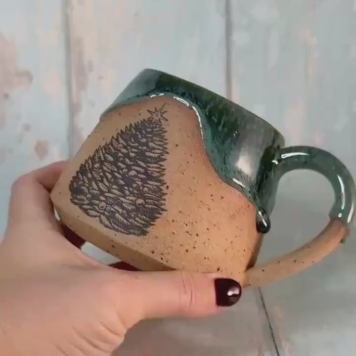 Green Christmas Tree Mug, Handmade Ceramic Cup