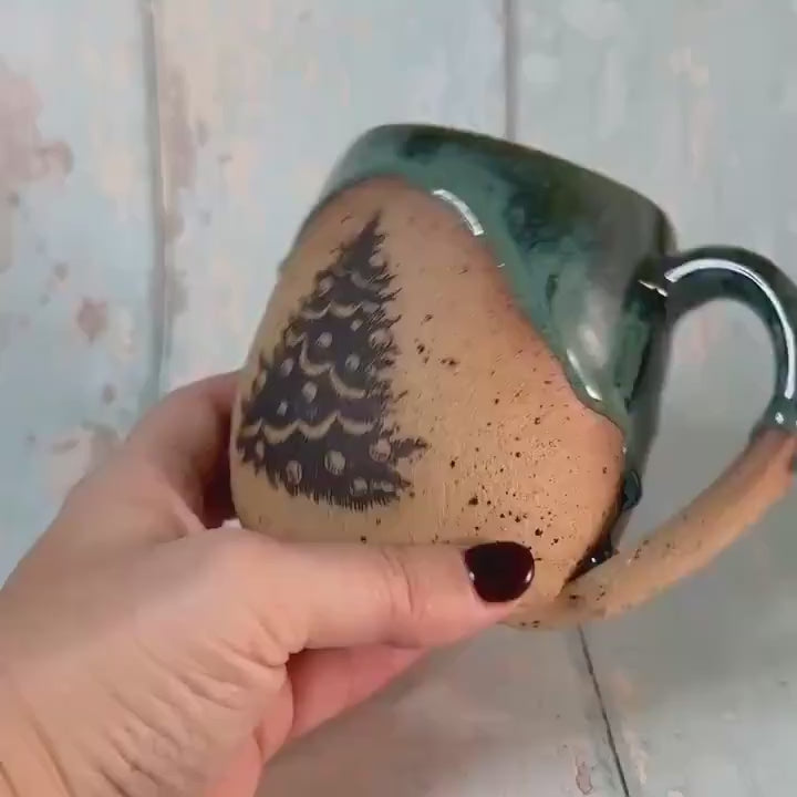 Green Christmas Tree Mug, Handmade Ceramic Cup