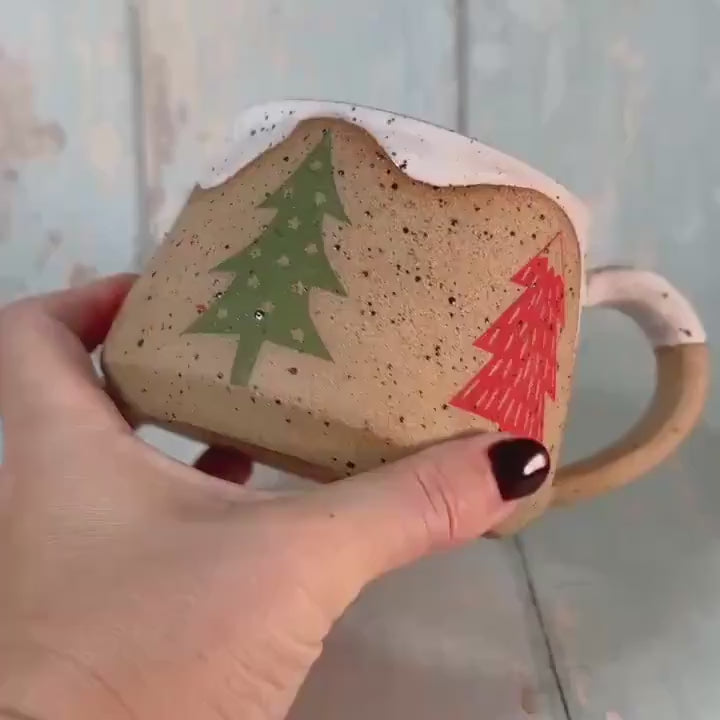 White, Red and Green Christmas Tree Mug, Handmade Ceramic Cup