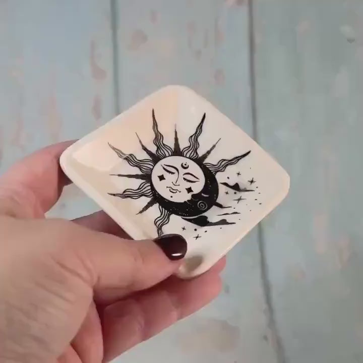 Small Black & White Sun and Moon Ring Dish, Handmade Square Ceramic Pot