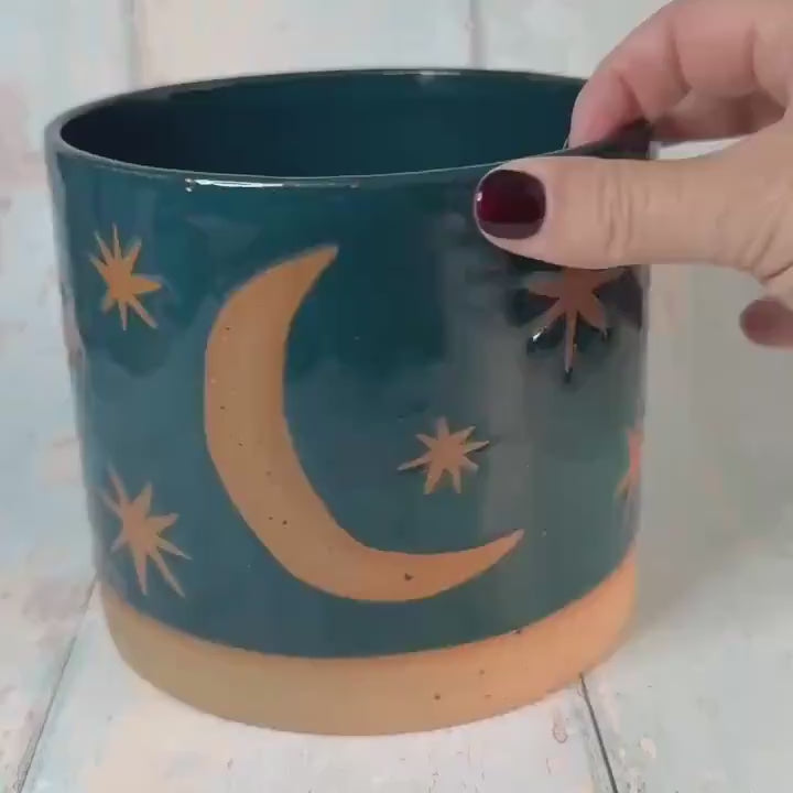 Teal Green Moon and Star Planter, Ceramic Plant Pot