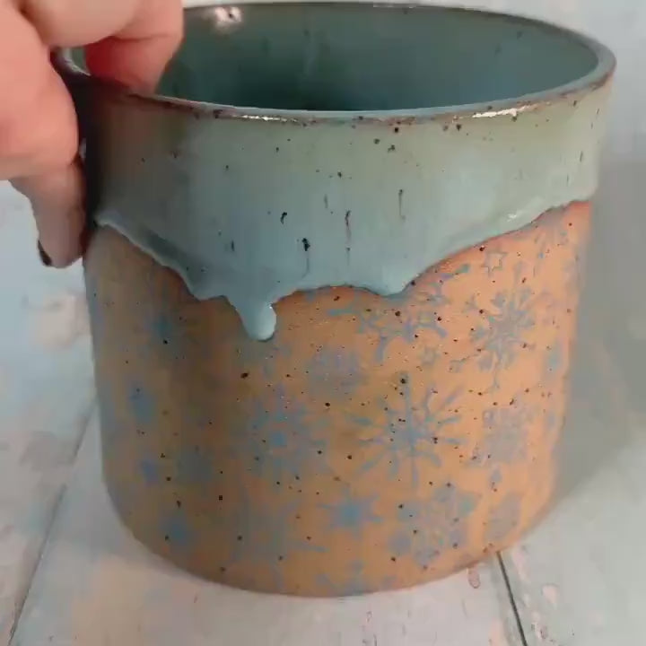 Turquoise Christmas Snowflake Ceramic Planter, Indoor Plant Pot