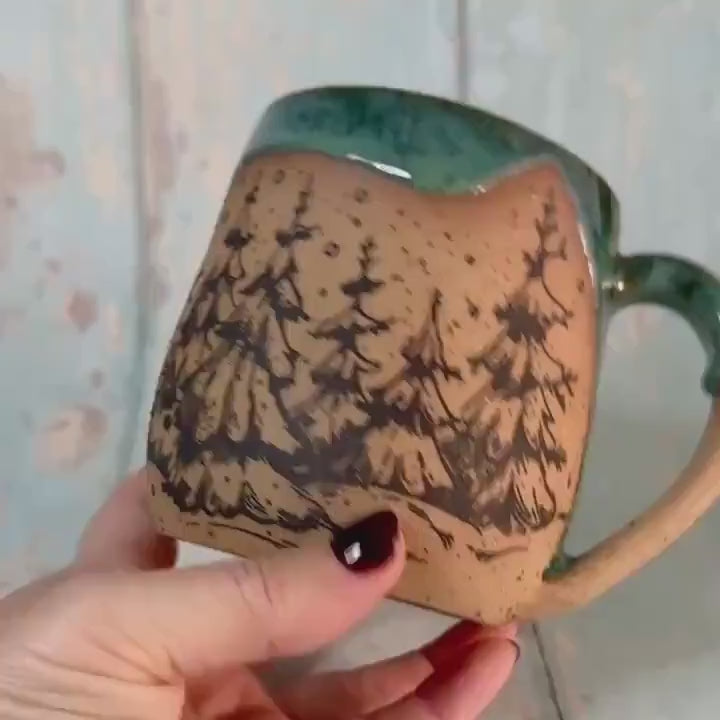 Black and Green Christmas Tree Mug, Handmade Ceramic Cup