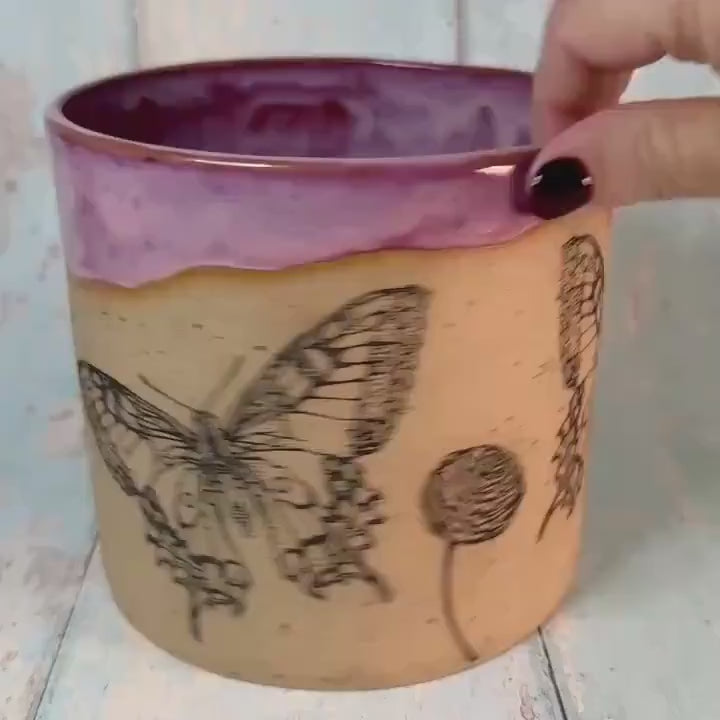 Pink Butterfly Ceramic Planter, Indoor Plant Pot
