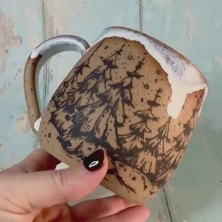 Black and White Christmas Tree Mug, Handmade Ceramic Cup