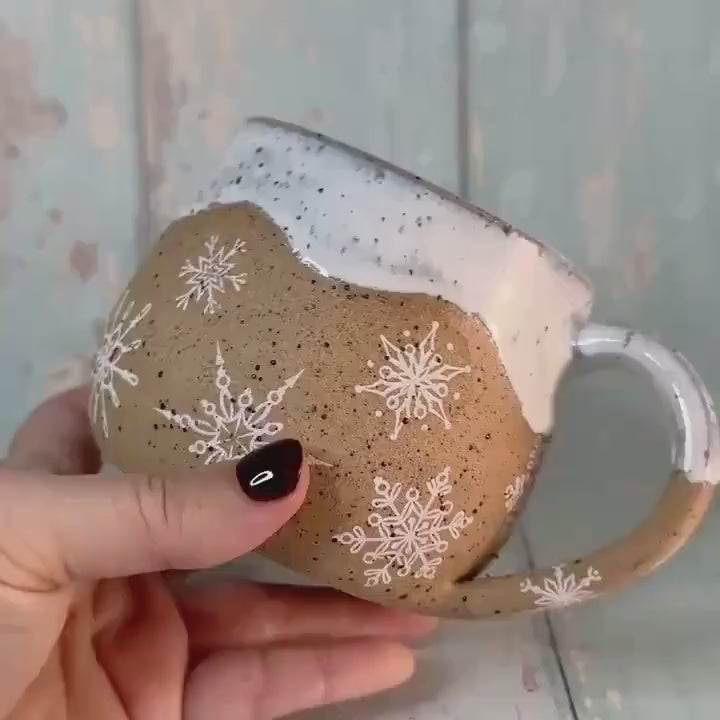 White Christmas Snowflake Mug, Handmade Ceramic Cup