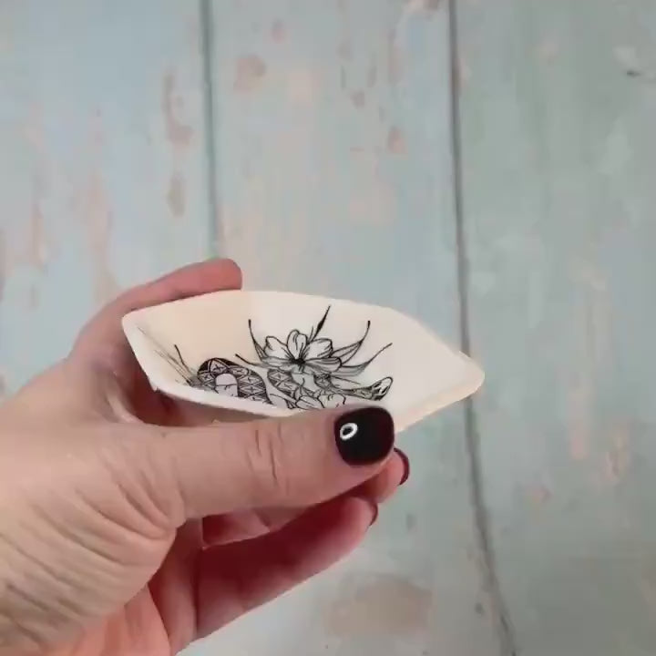 Black & White Snake Jewellery Dish, Handmade Hexagon Ceramic Pot
