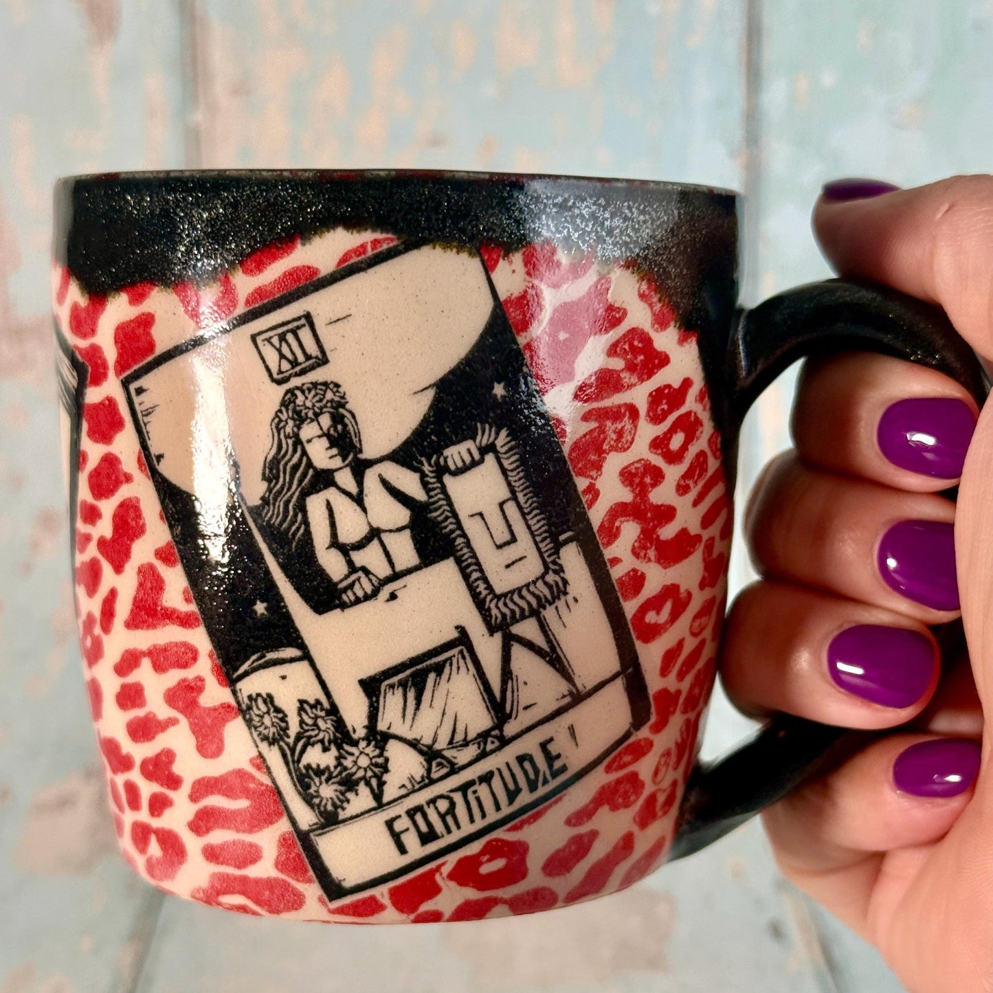 Red Leopard Print Tarot Mug, Large Ceramic Cup - FJD Ceramics
