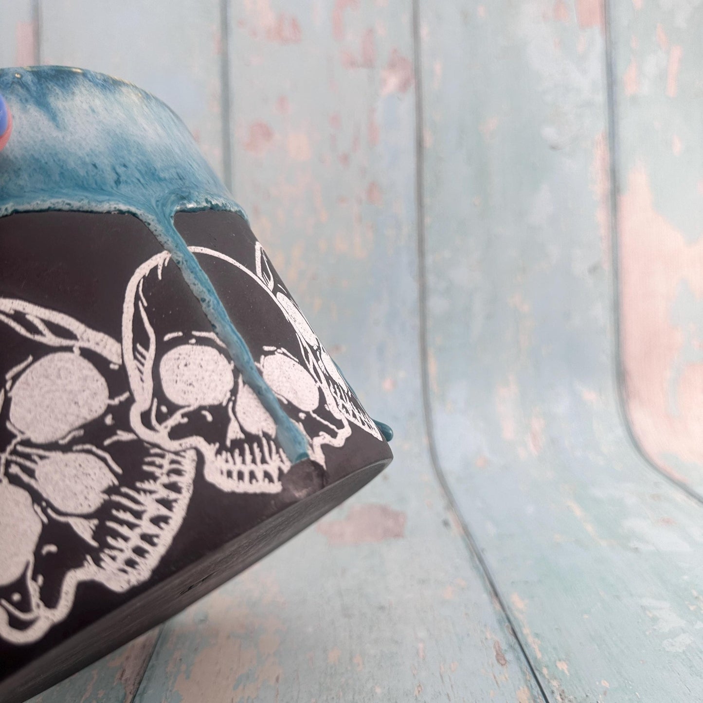 Teal and Black Skull Planter, Ceramic Plant Pot - Second - FJD Ceramics