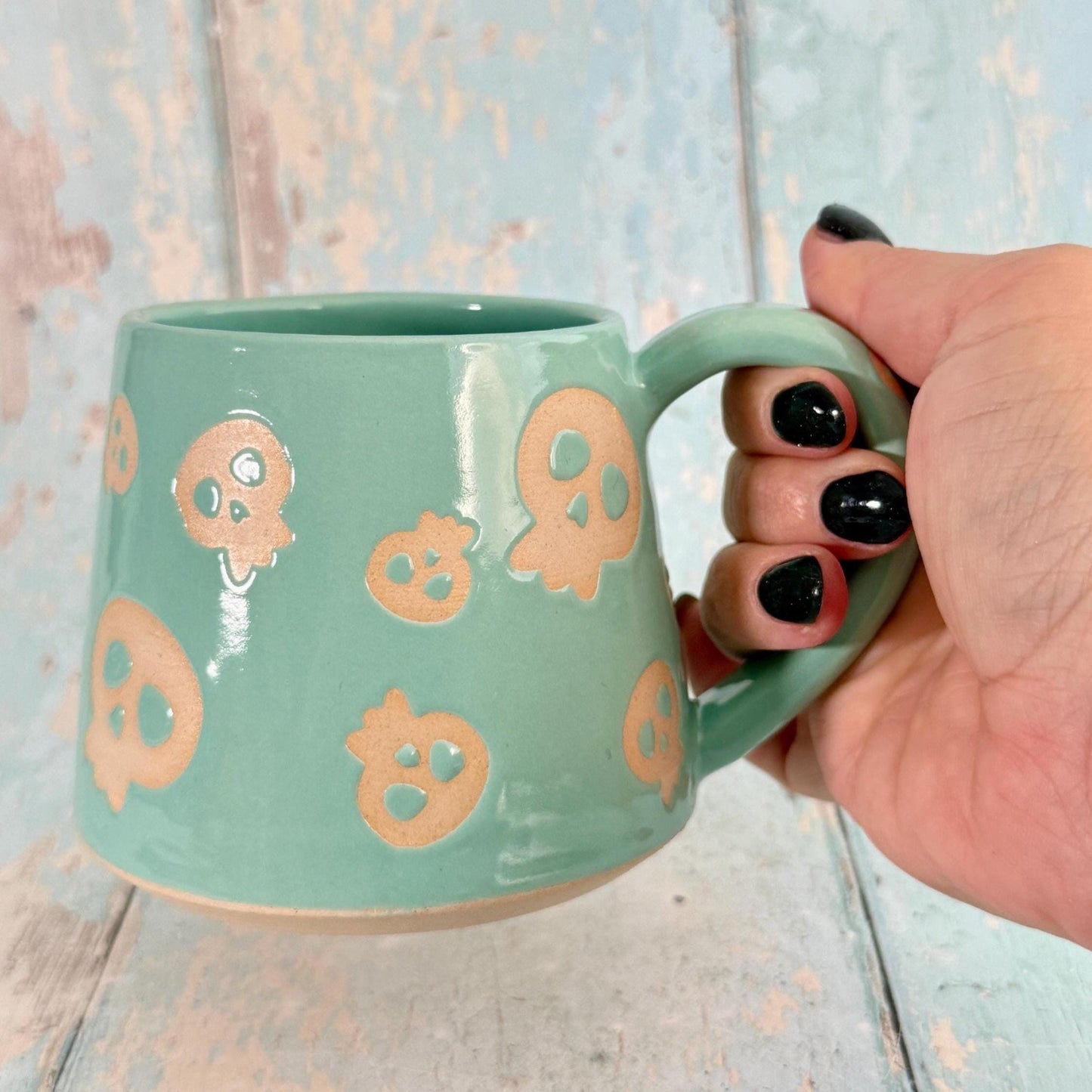 Turquoise Green Skull Mug, Handmade Ceramic Cup, Spooky Halloween Mug - FJD Ceramics