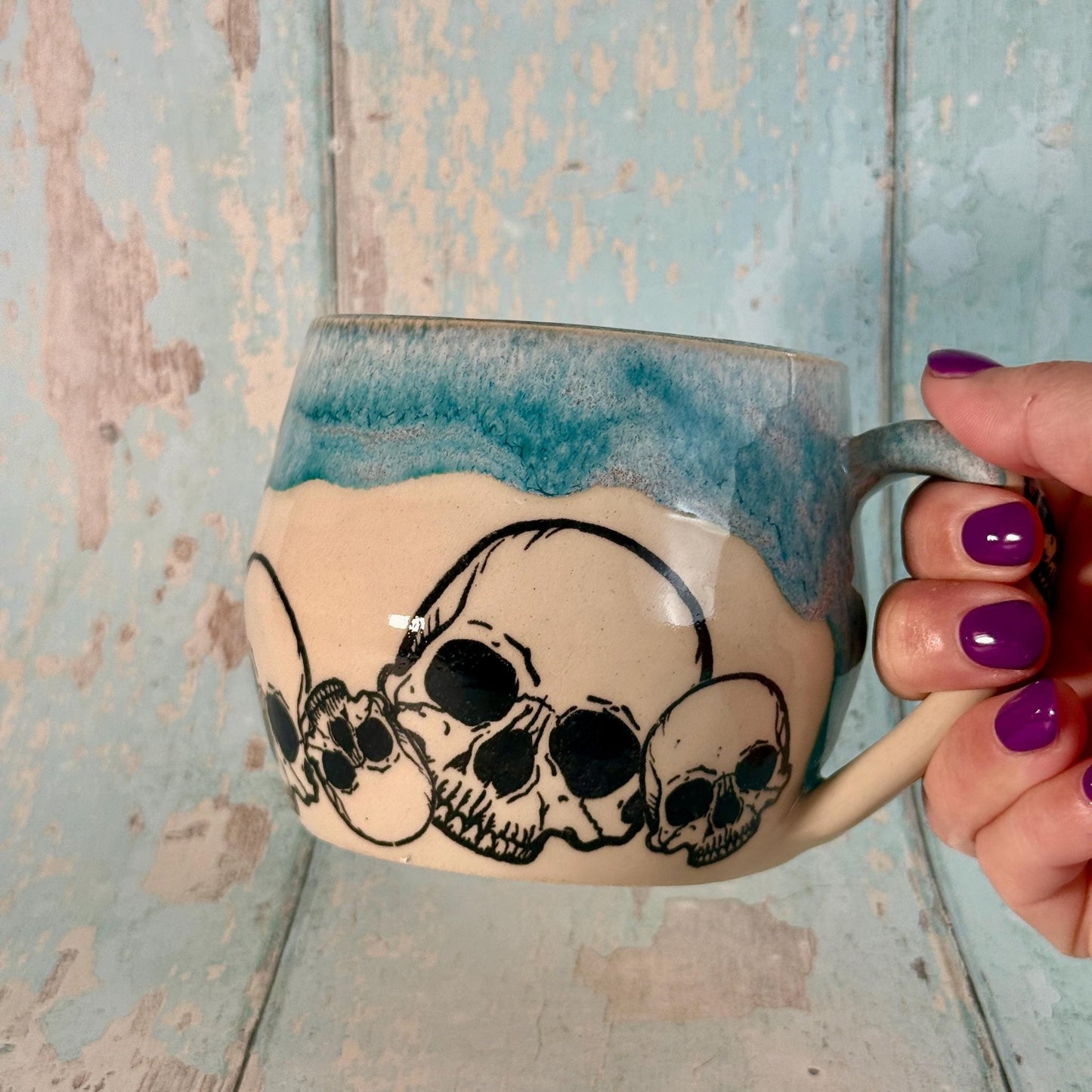 Turquoise Skull Mug, Handmade Ceramic Cup - FJD Ceramics