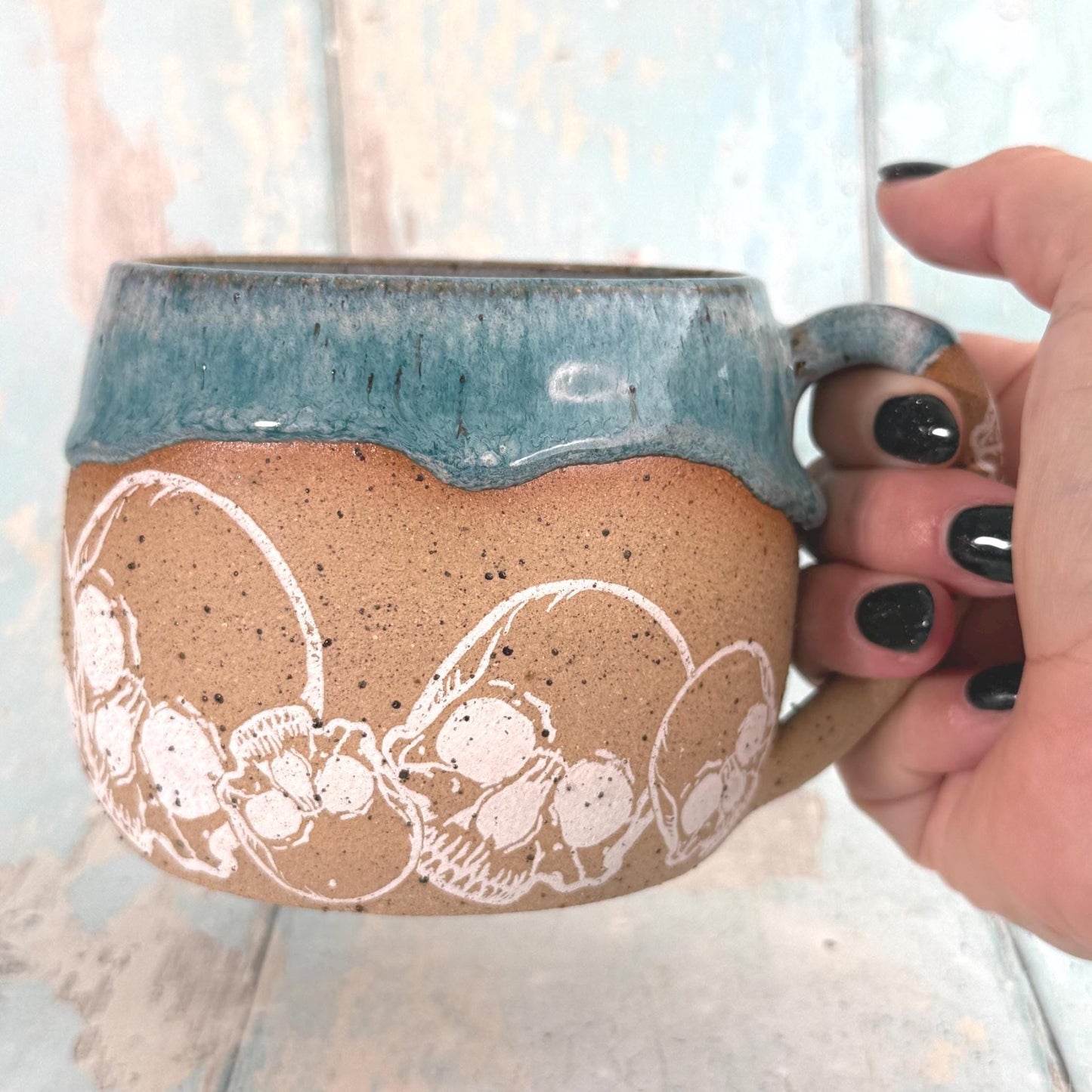 Turquoise Skull Mug, Handmade Ceramic Cup - FJD Ceramics