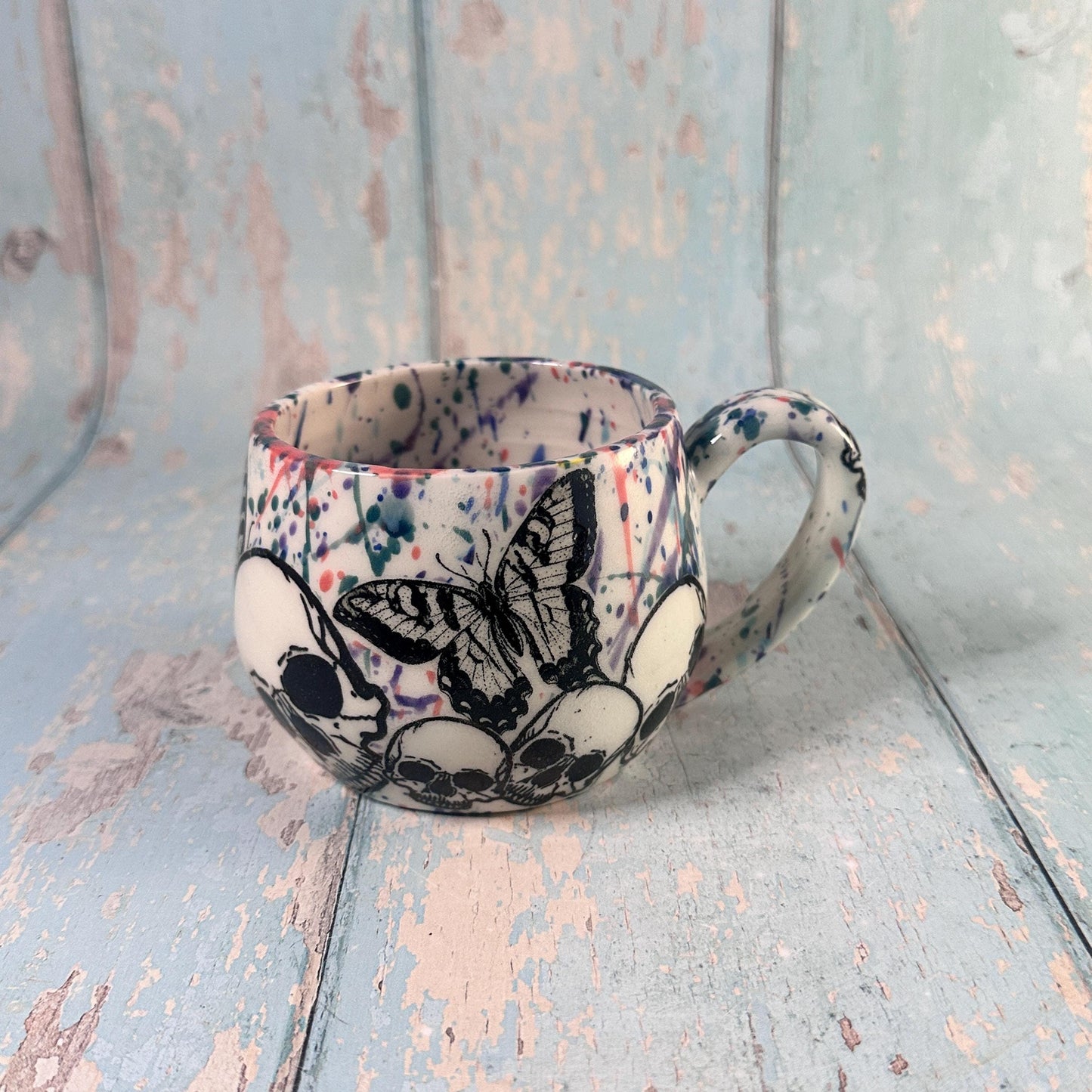 Skull and Butterfly Mug, Pink Purple Handmade Ceramic Cup