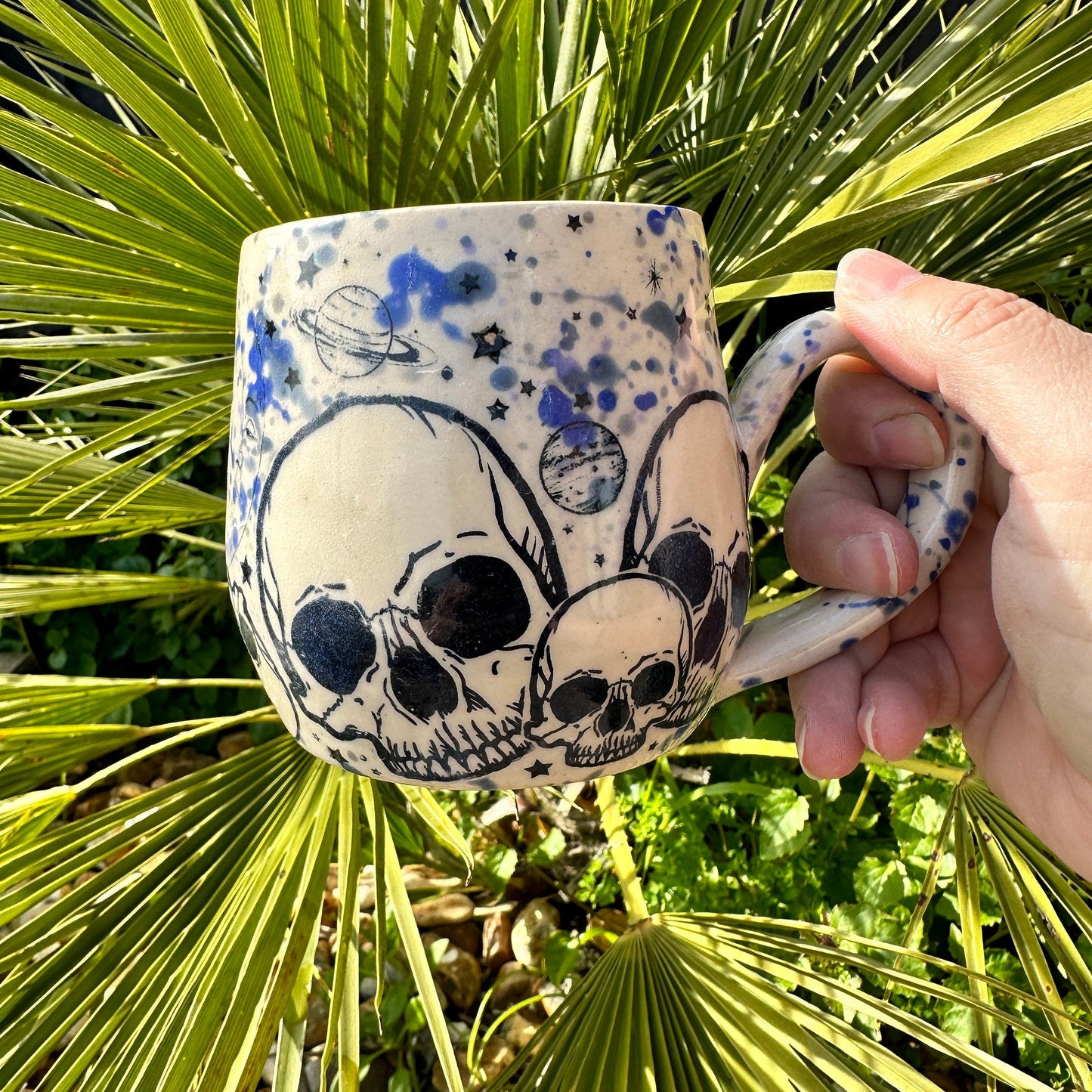 Skull and Star Mug, Handmade Blue Ceramic Cup