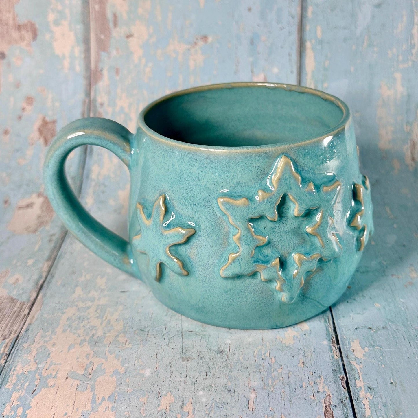 Turquoise Blue Christmas Snowflake Mug, Handmade Ceramic Cup