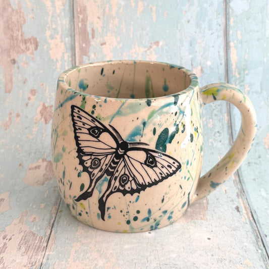 Green Luna Moth Mug, Handmade Ceramic Cup