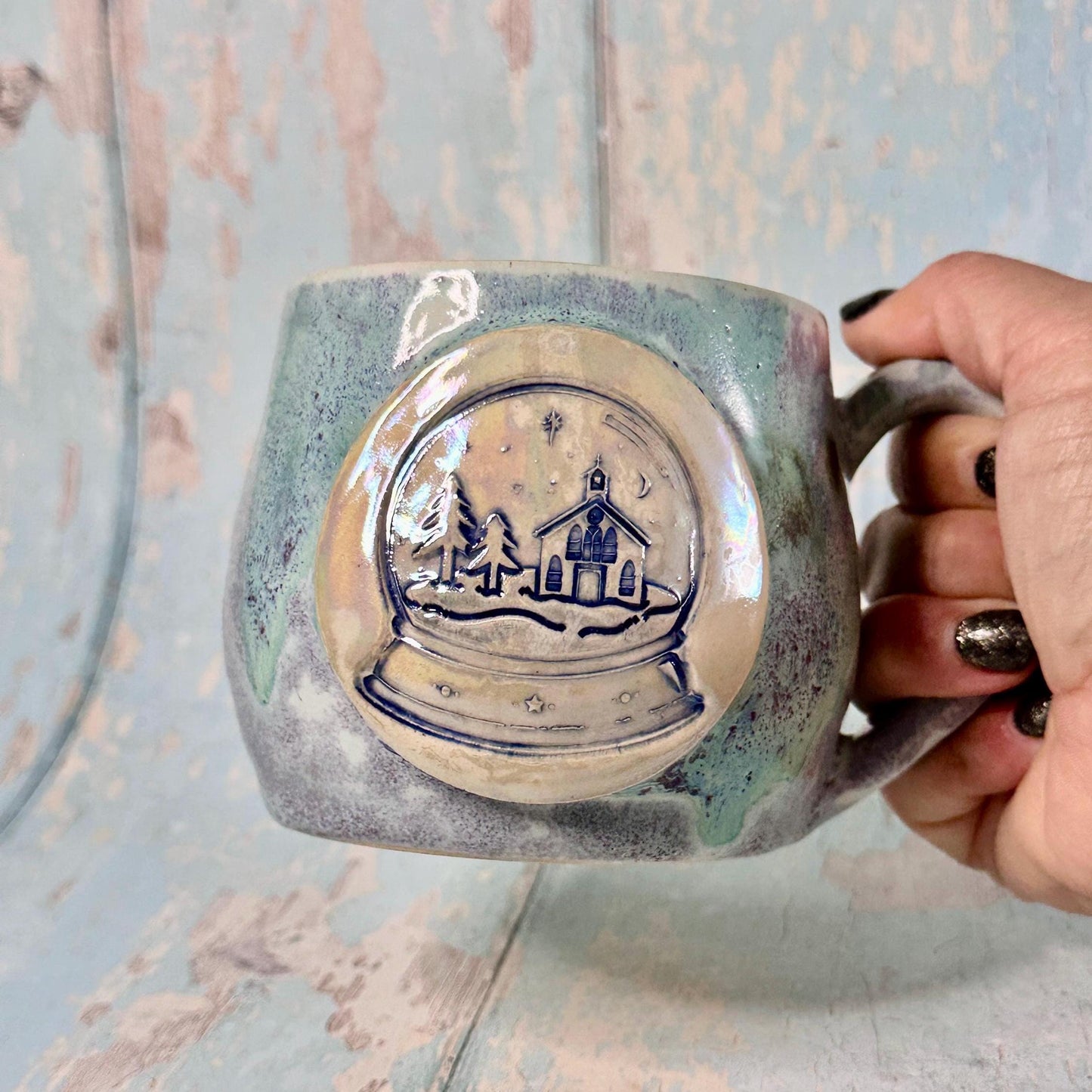 Green and Purple  Christmas Snow Globe Mug, Handmade Ceramic Cup