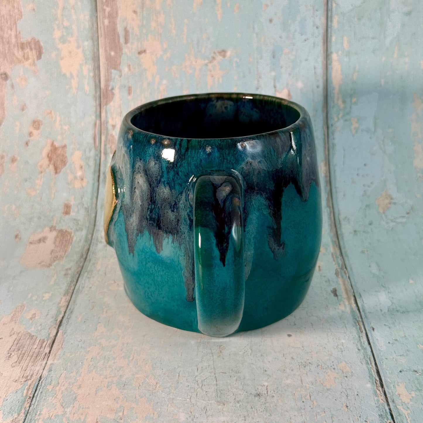 Turquoise, Black and Gold Heart Ceramic Mug, Large Pottery Cup