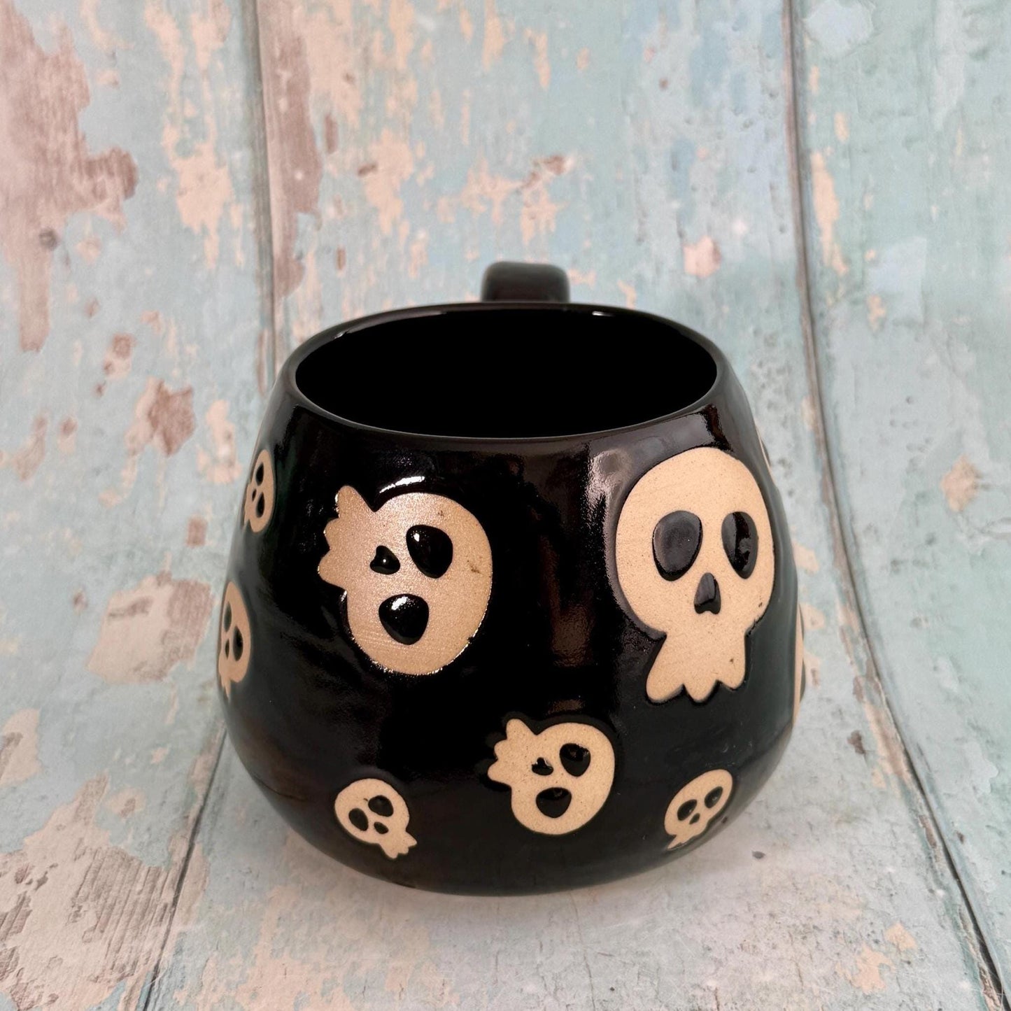Black Skull Mug, Handmade Ceramic Cup, Spooky Halloween Mug