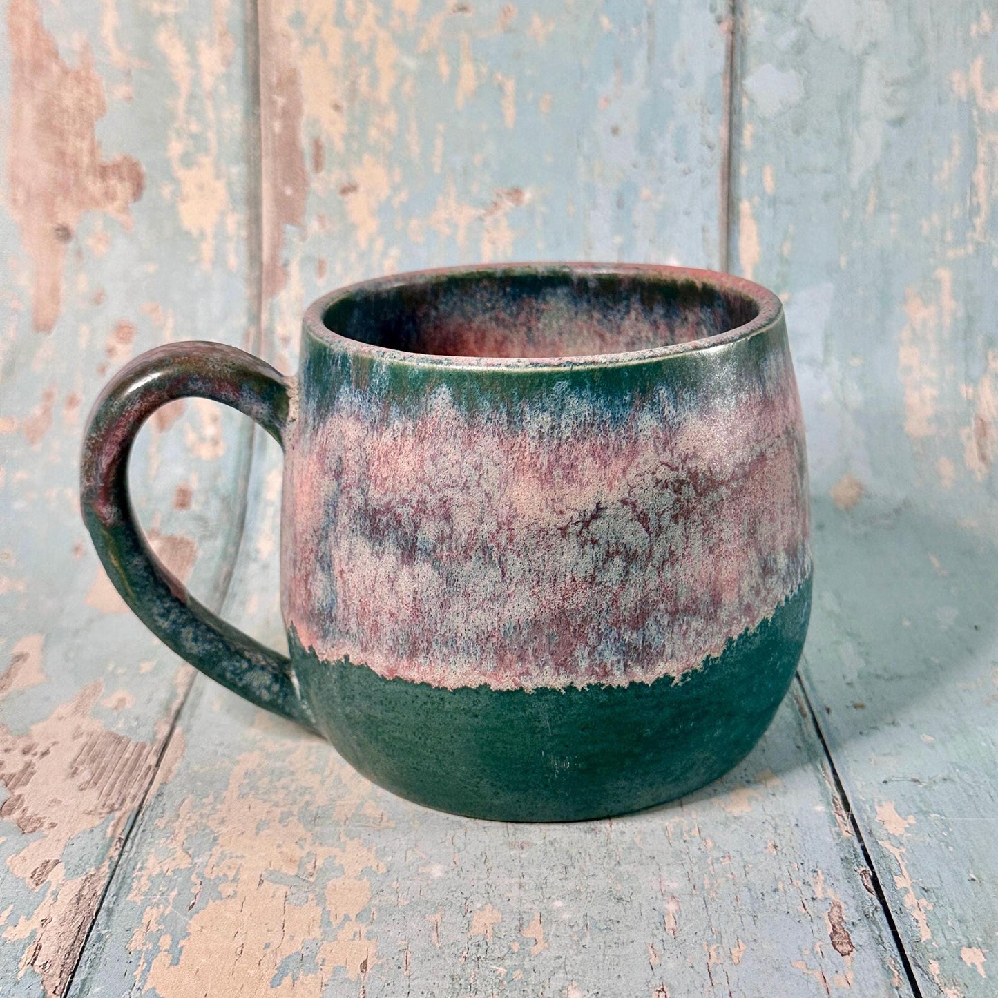 Green and Pink Christmas Snow Globe Mug, Handmade Ceramic Cup