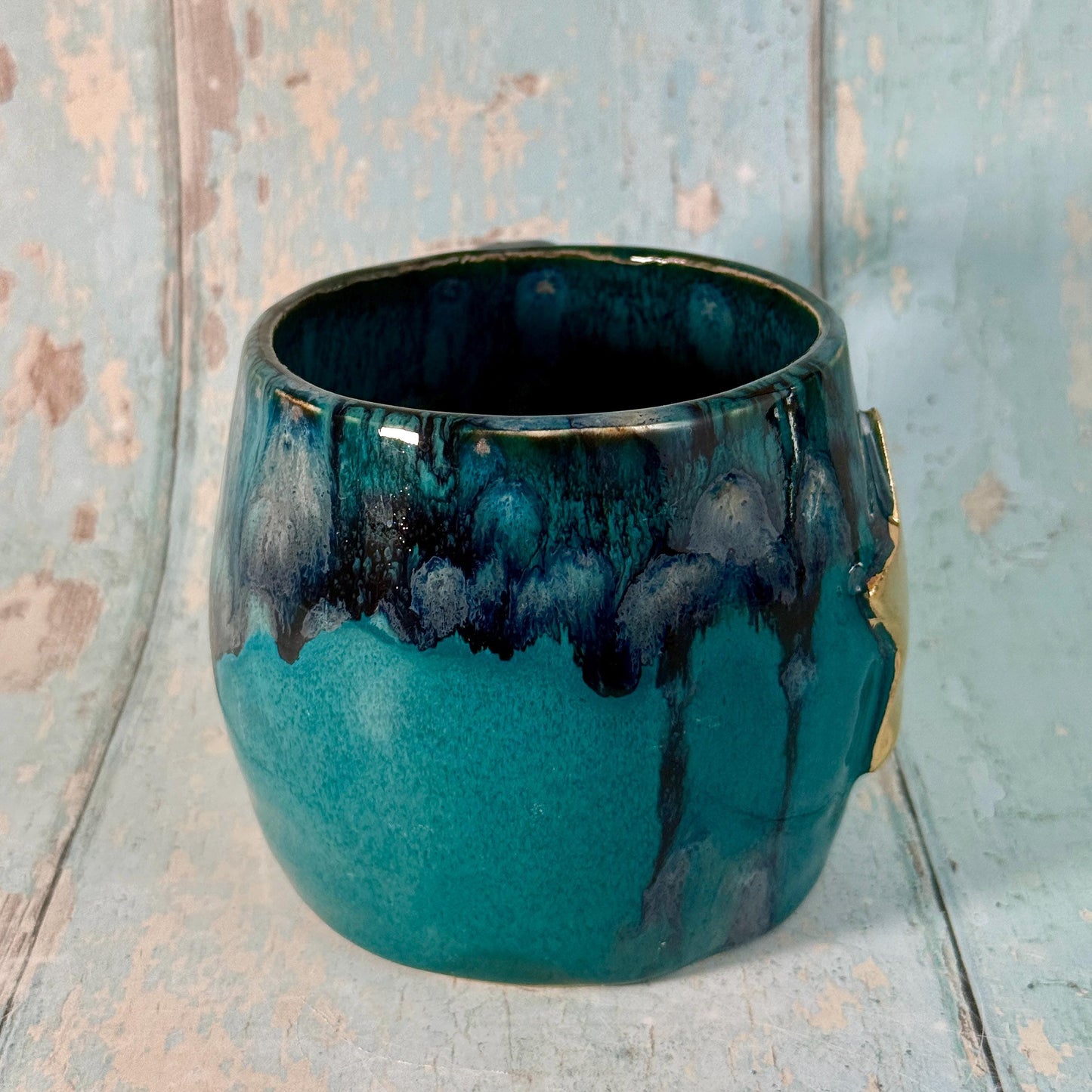 Turquoise and Black Gold Star Mug, Handmade Ceramic Mug