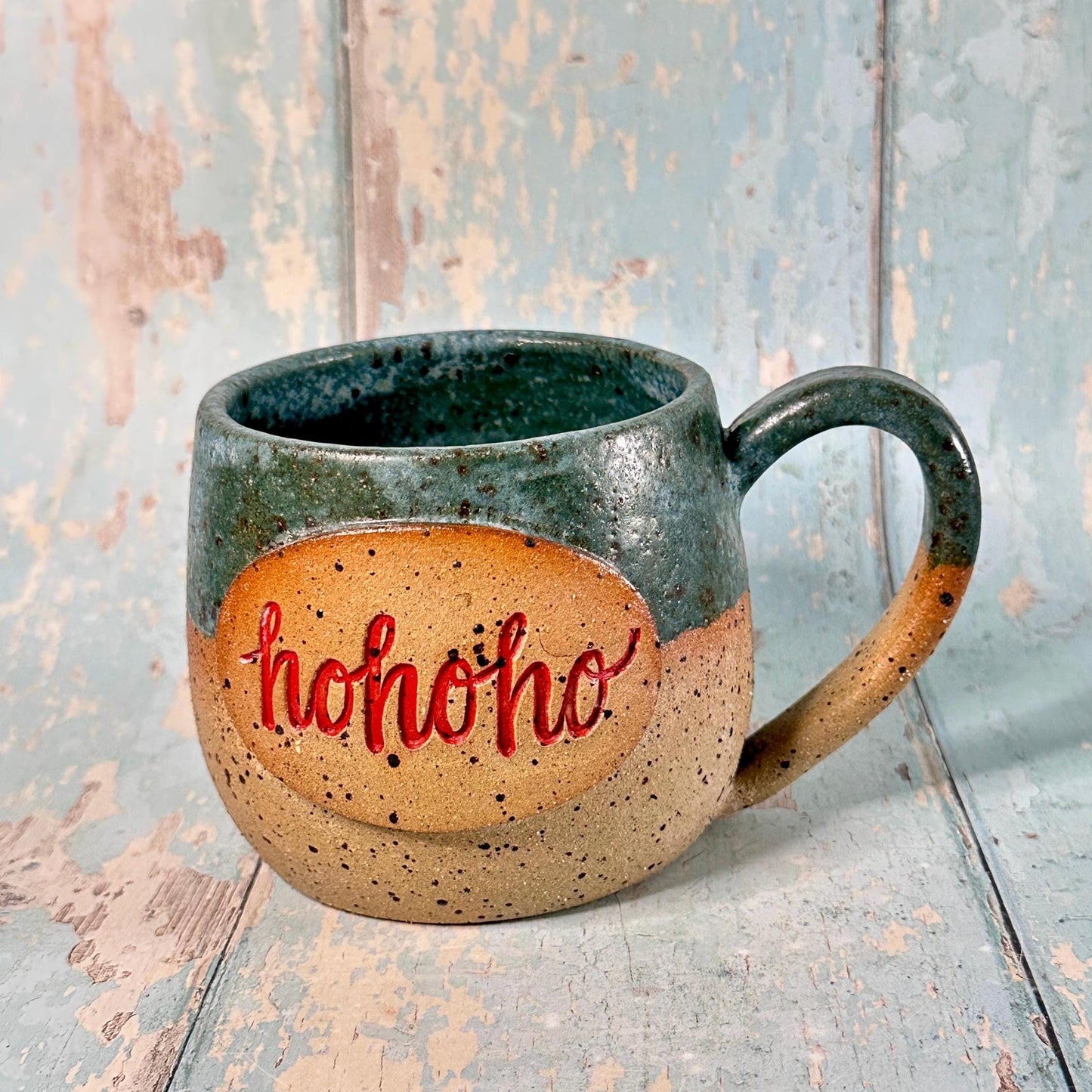 Green Christmas Hohoho Mug, Handmade Ceramic Cup - Father Christmas Santa