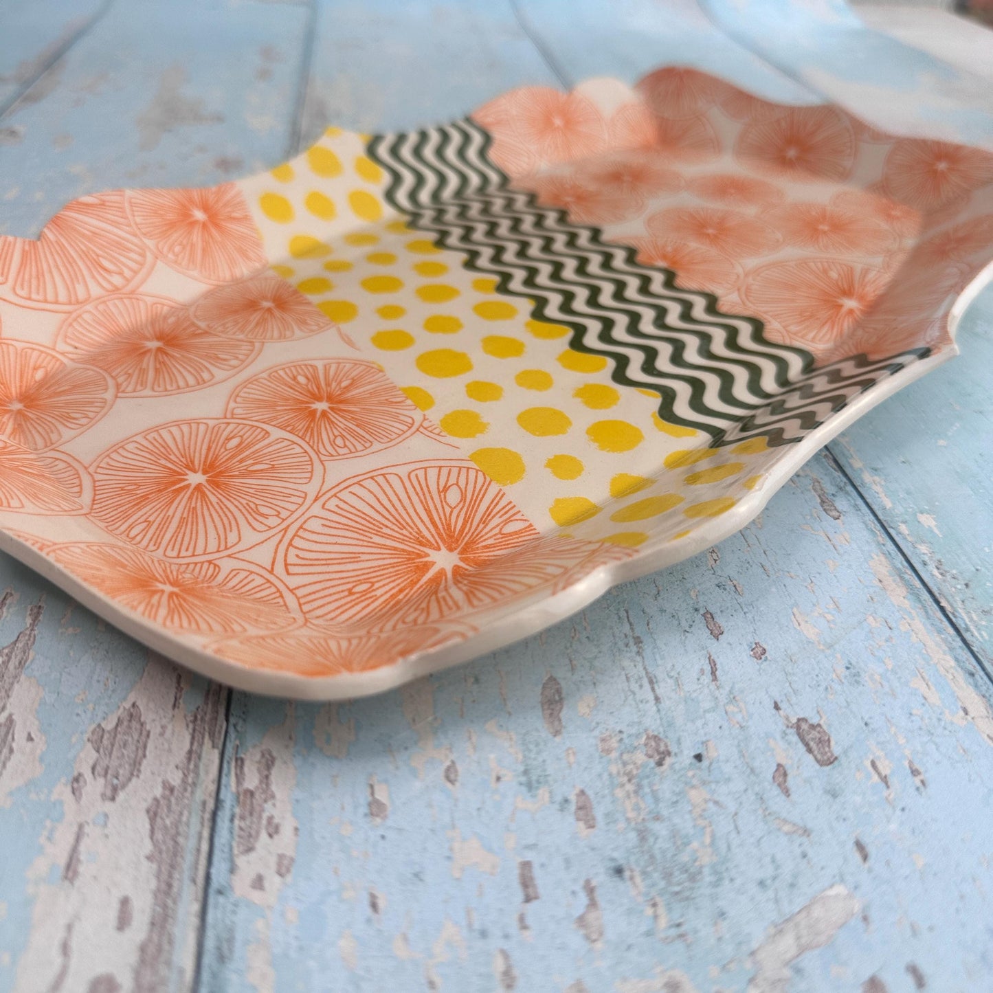 Orange and Yellow Green Citrus Platter, Large Handmade Rectangle Ceramic Plate