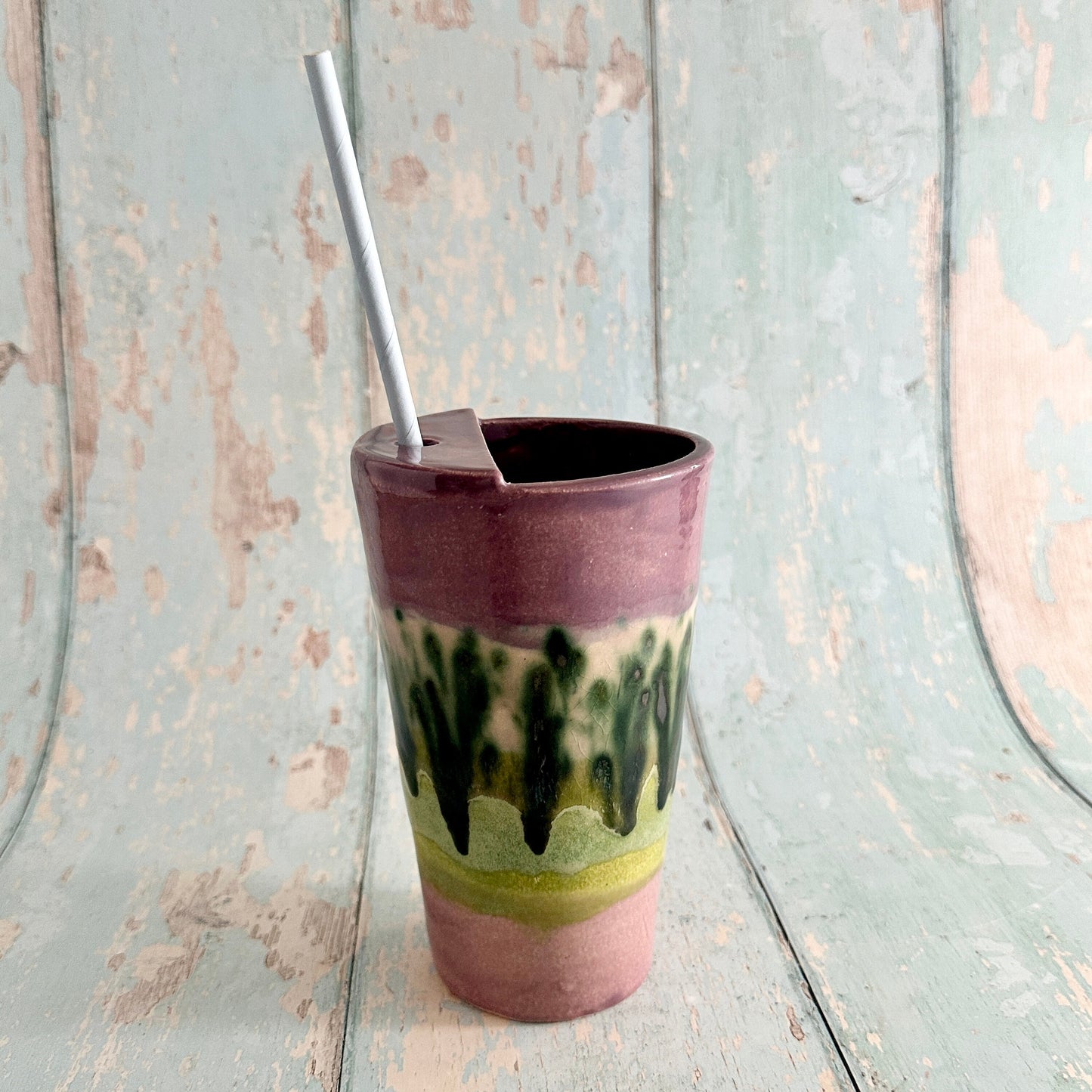 Purple and Green Straw-holder Tumbler, Large Ceramic Cup